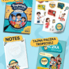 książka + naklejki + notes + paczka z zadaniami
